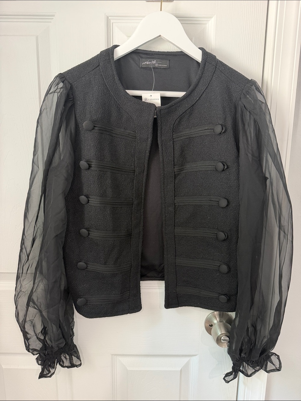 NEW Chic Black Military-Style Open Jacket with Sheer Sleeves by Versona